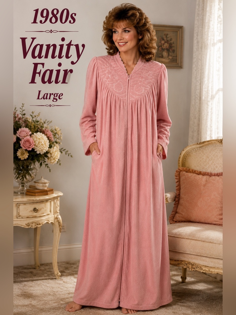 Vintage 1980s Vanity Fair Pink Zip Housecoat Robe USA Large Pockets